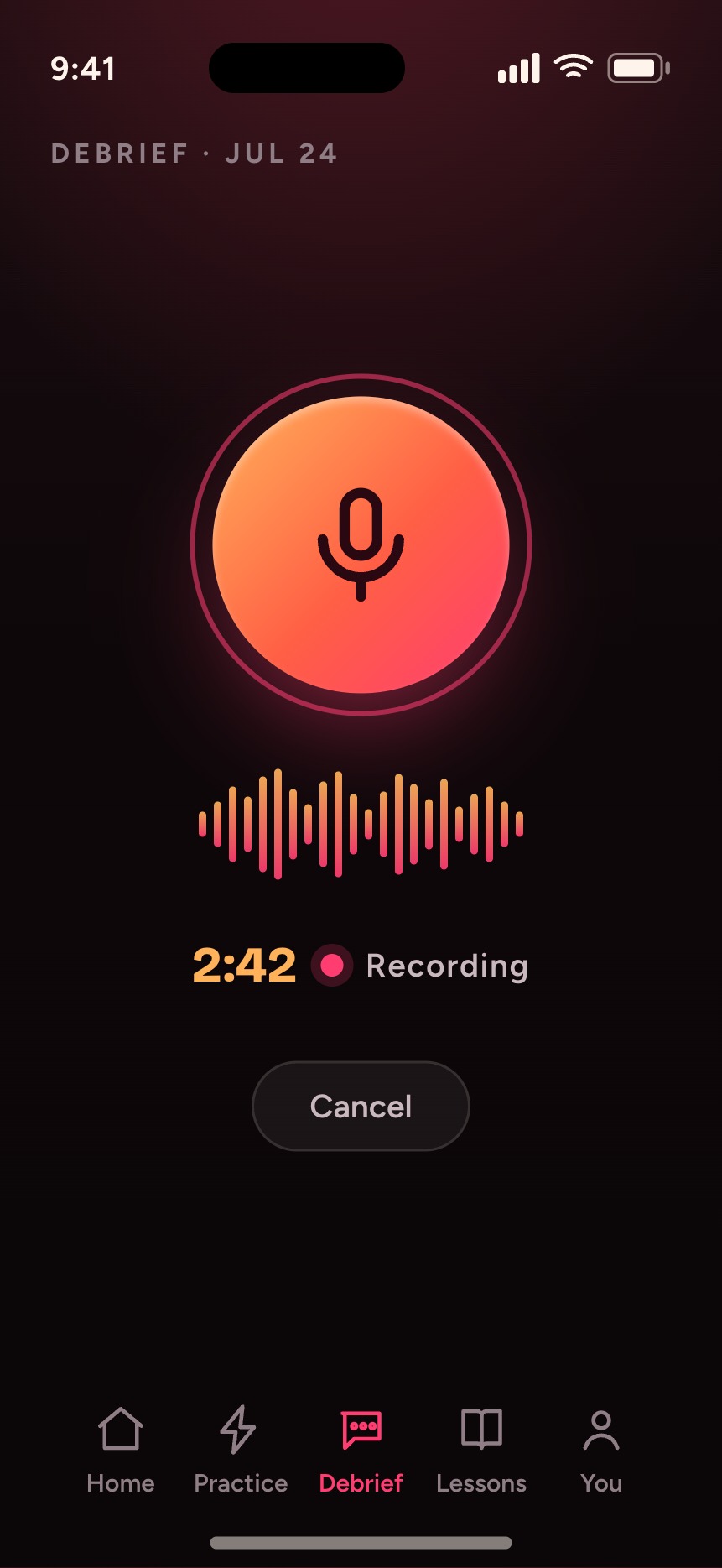 Recording a voice note in the app, telling the coach everything about the night