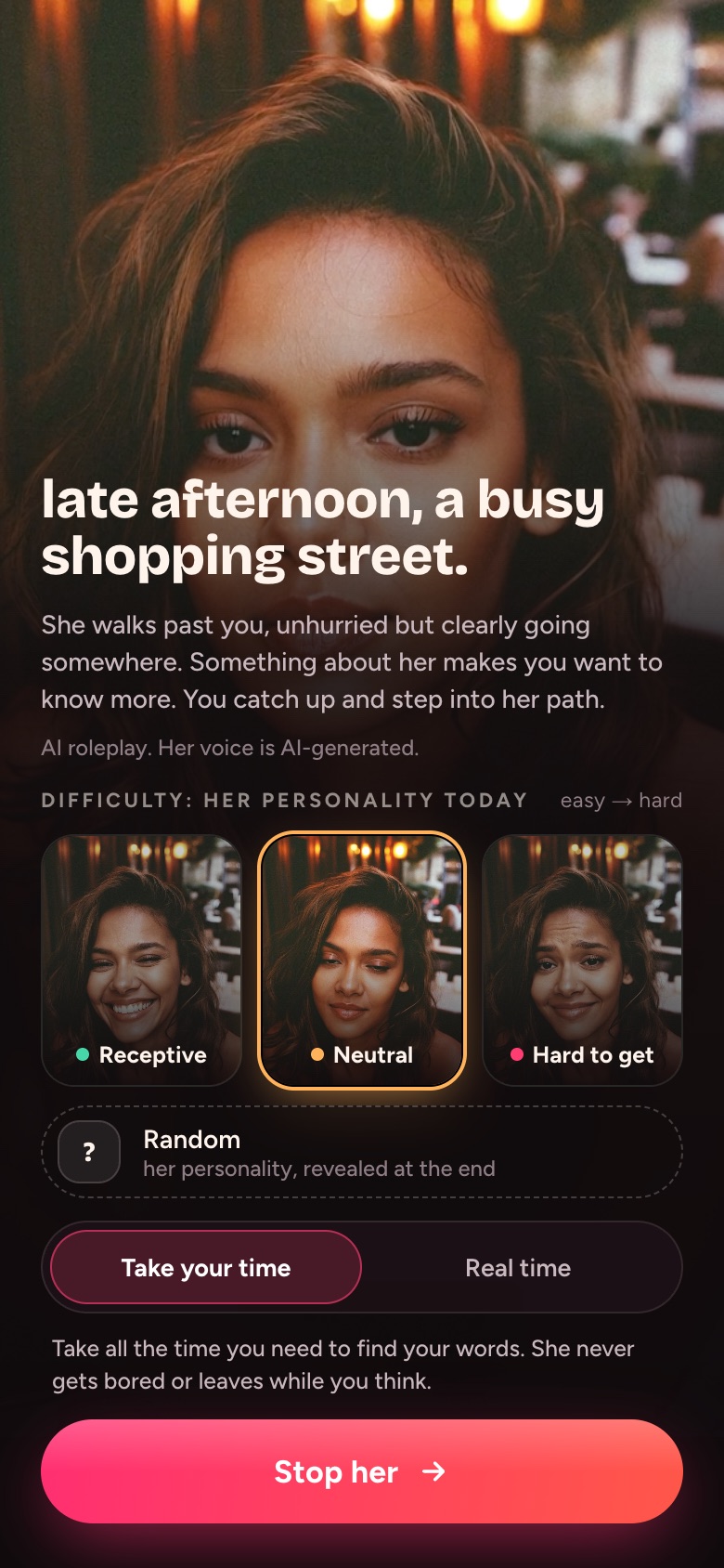 The practice scene: a busy shopping street, choose how hard she is today